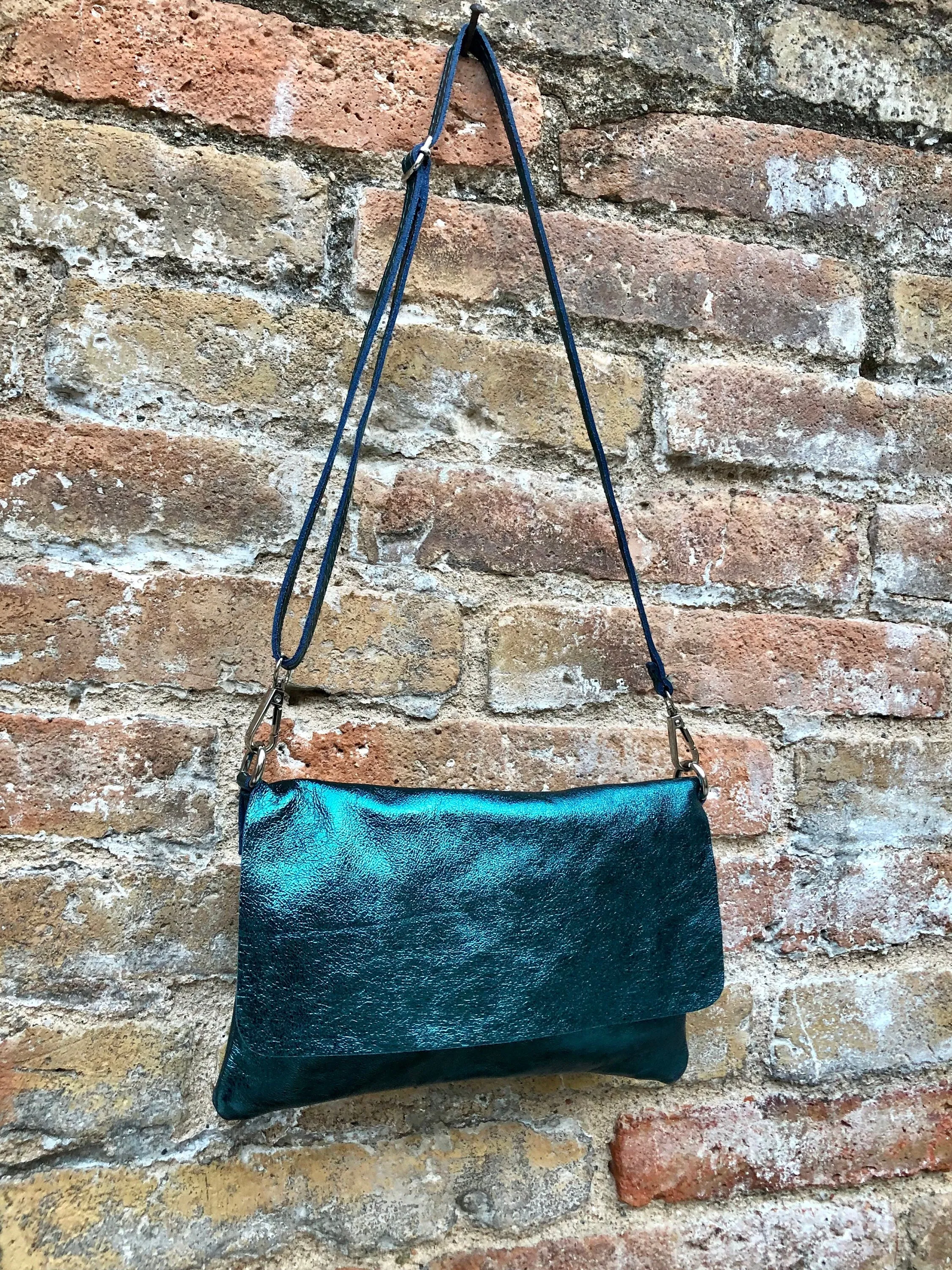 Small leather bag in metallic teal BLUE. Crossbody or shoulder bag in GENUINE  leather. Blue purse with adjustable strap. flap and zipper.