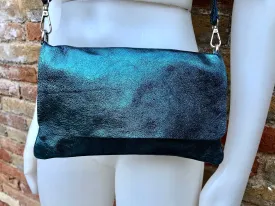 Small leather bag in metallic teal BLUE. Crossbody or shoulder bag in GENUINE  leather. Blue purse with adjustable strap. flap and zipper.