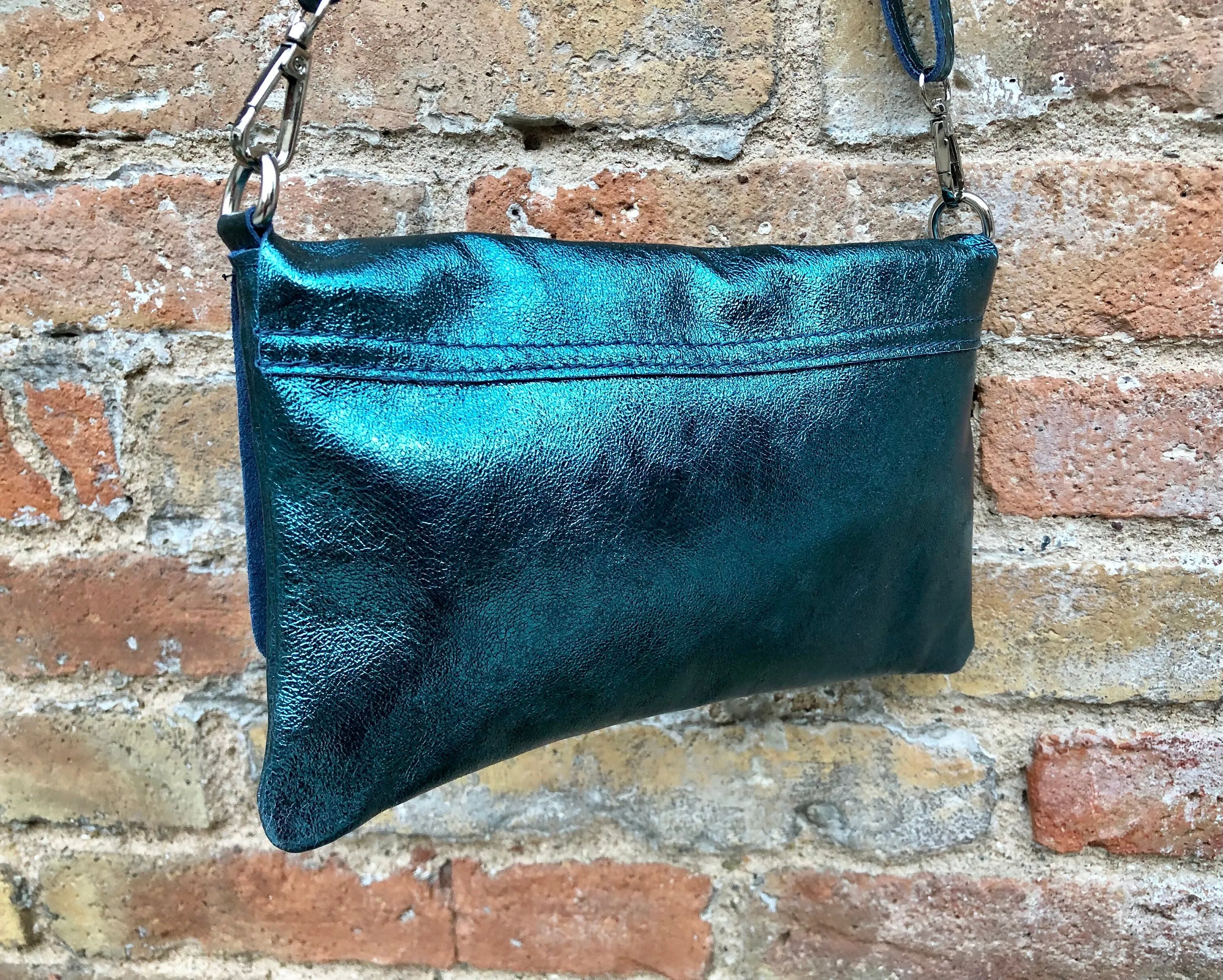 Small leather bag in metallic teal BLUE. Crossbody or shoulder bag in GENUINE  leather. Blue purse with adjustable strap. flap and zipper.