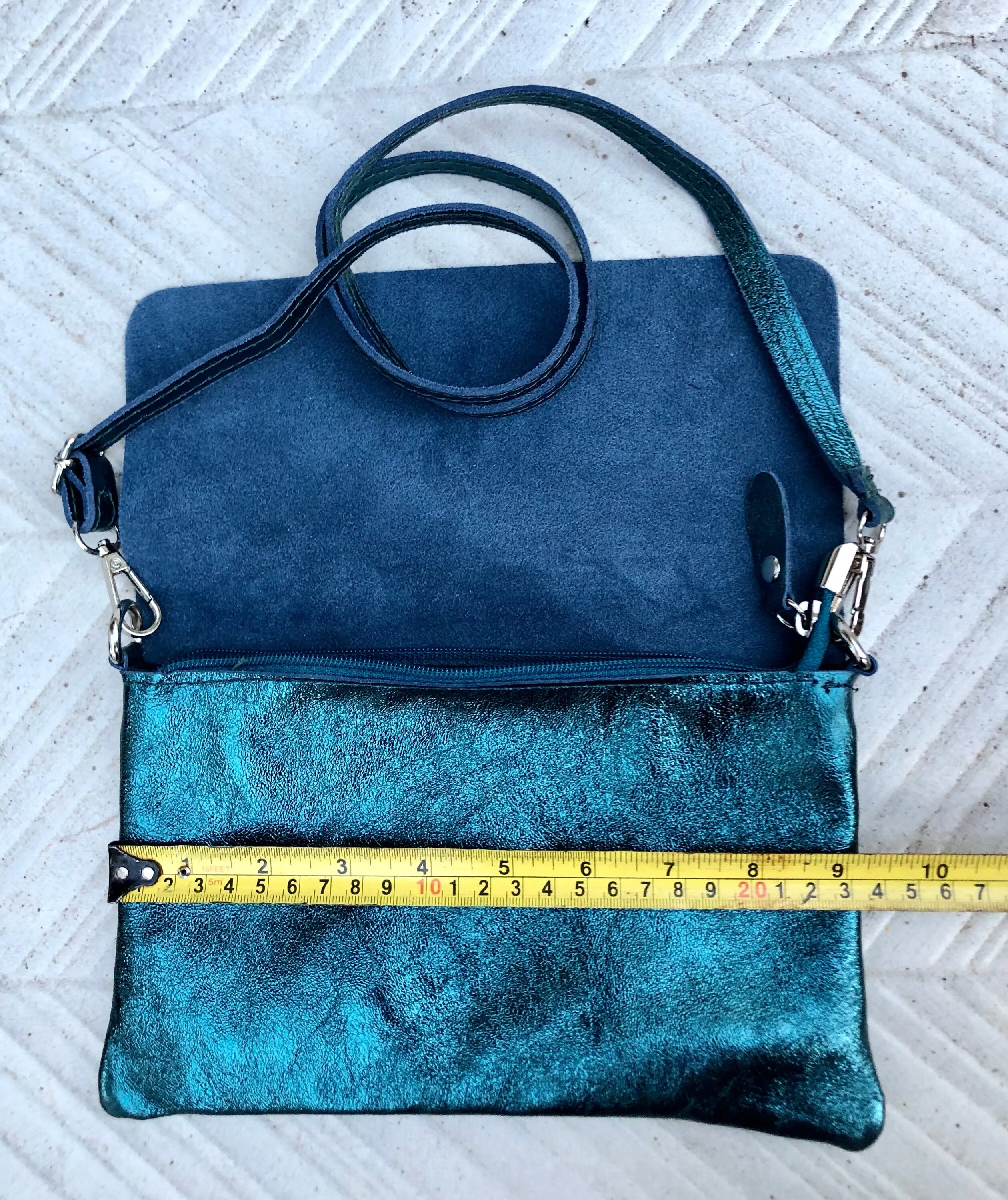 Small leather bag in metallic teal BLUE. Crossbody or shoulder bag in GENUINE  leather. Blue purse with adjustable strap. flap and zipper.