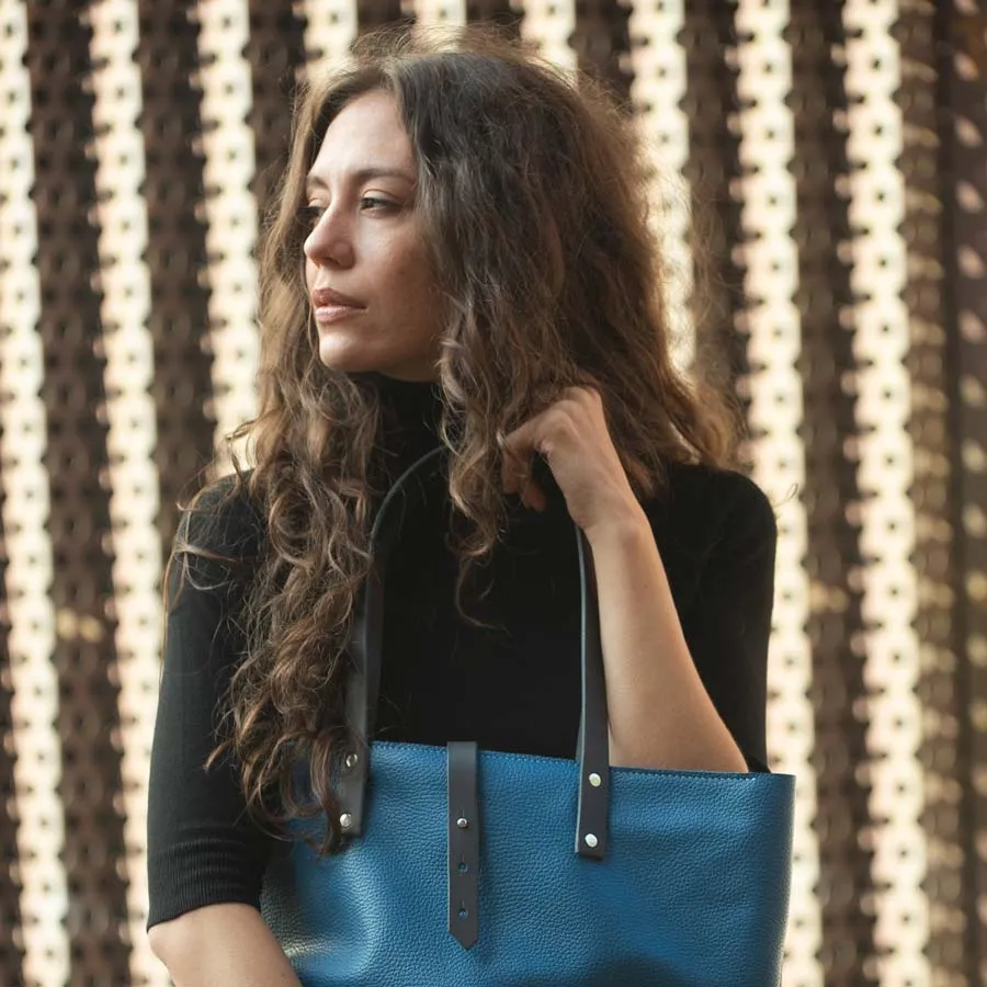 Soft Italian Leather Tote - Turquoise Blue
