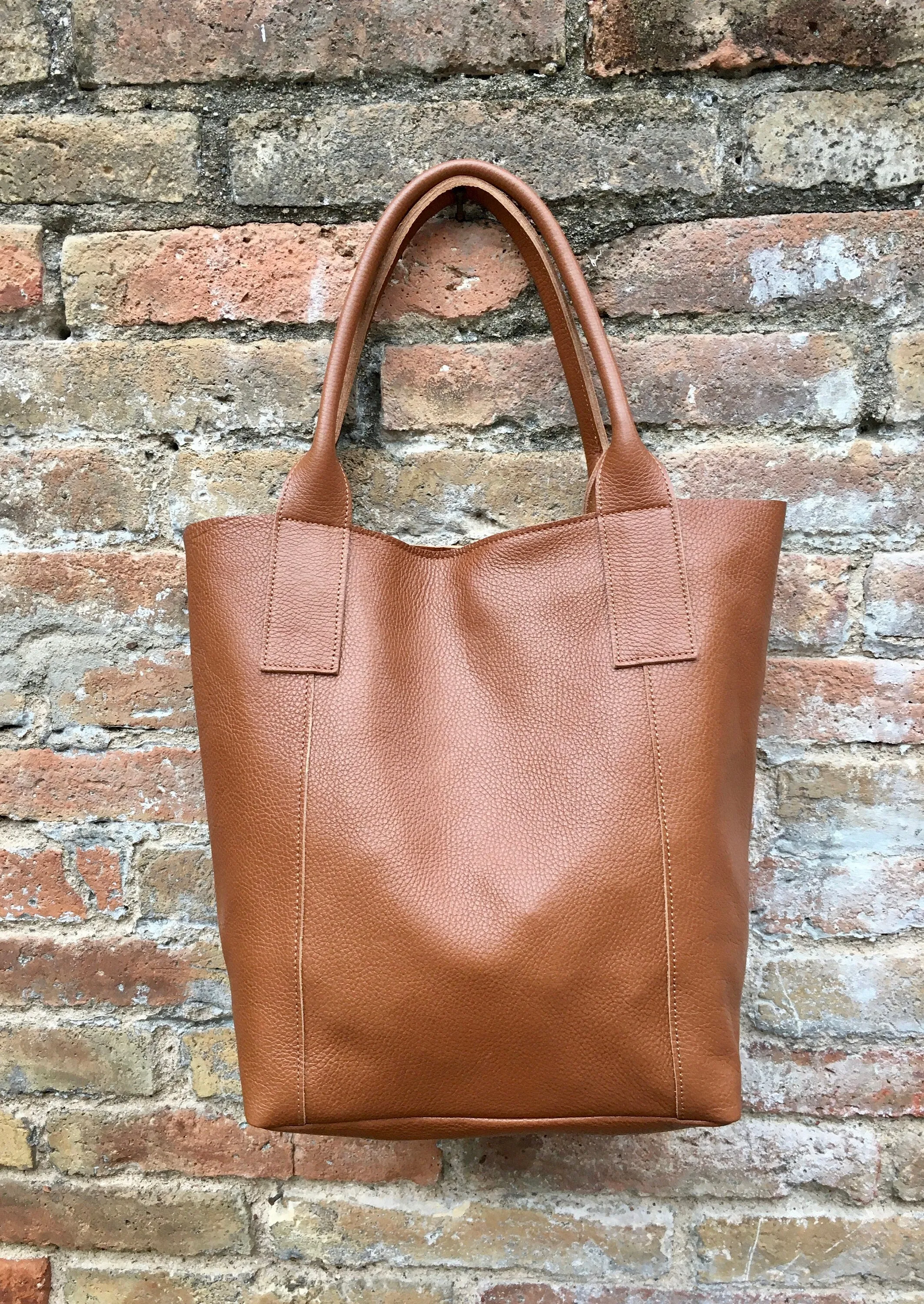 Tote leather bag in CAMEL brown. Leather shopper in GENUINE leather. Large carry all bag for your laptop, books. Brown leather shopper bag