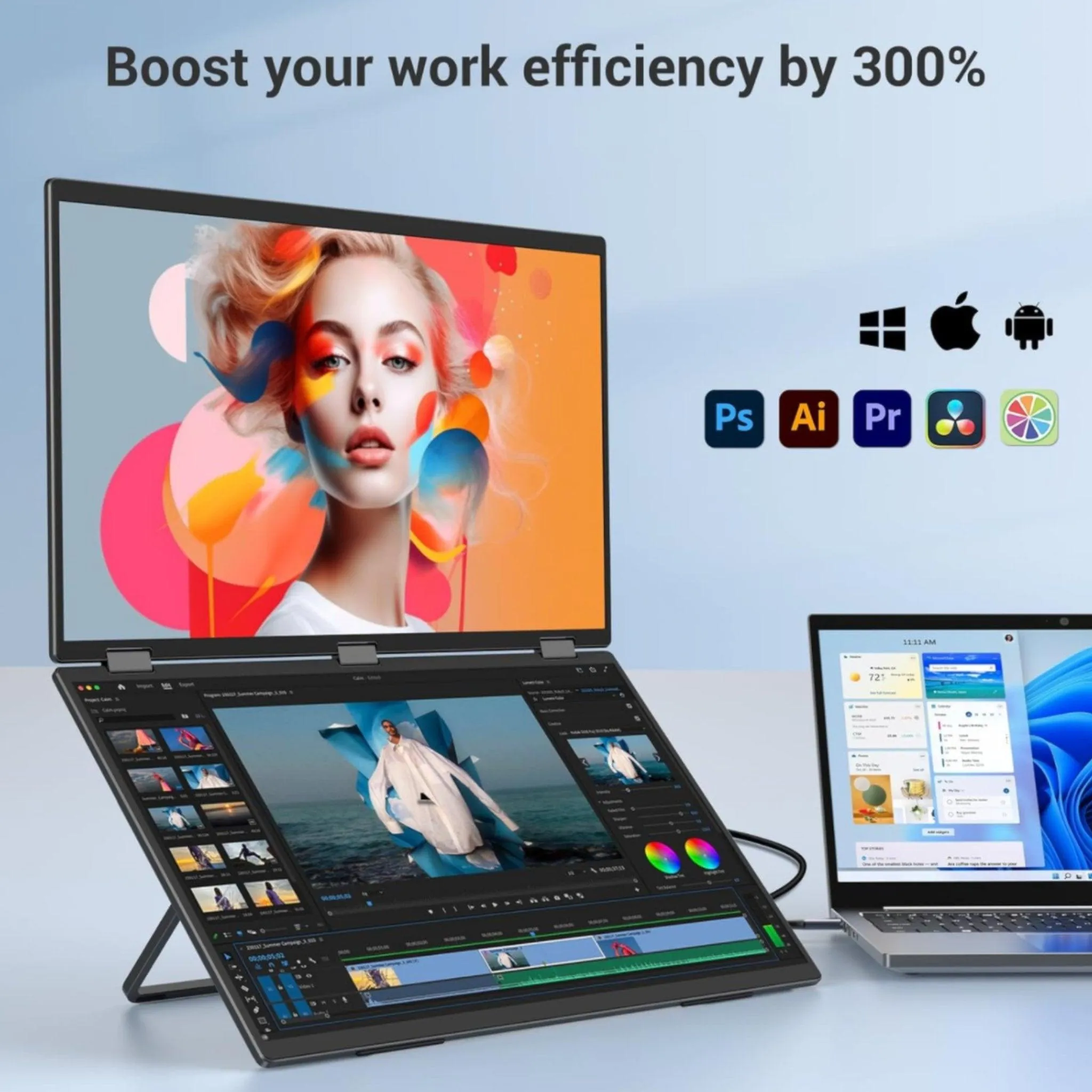 TUTT Wireless 15.6" FHD Portable Monitor (23.8" Dual) Folding Triple Screen Extender Plug and Play | All Devices | Technical Support Line