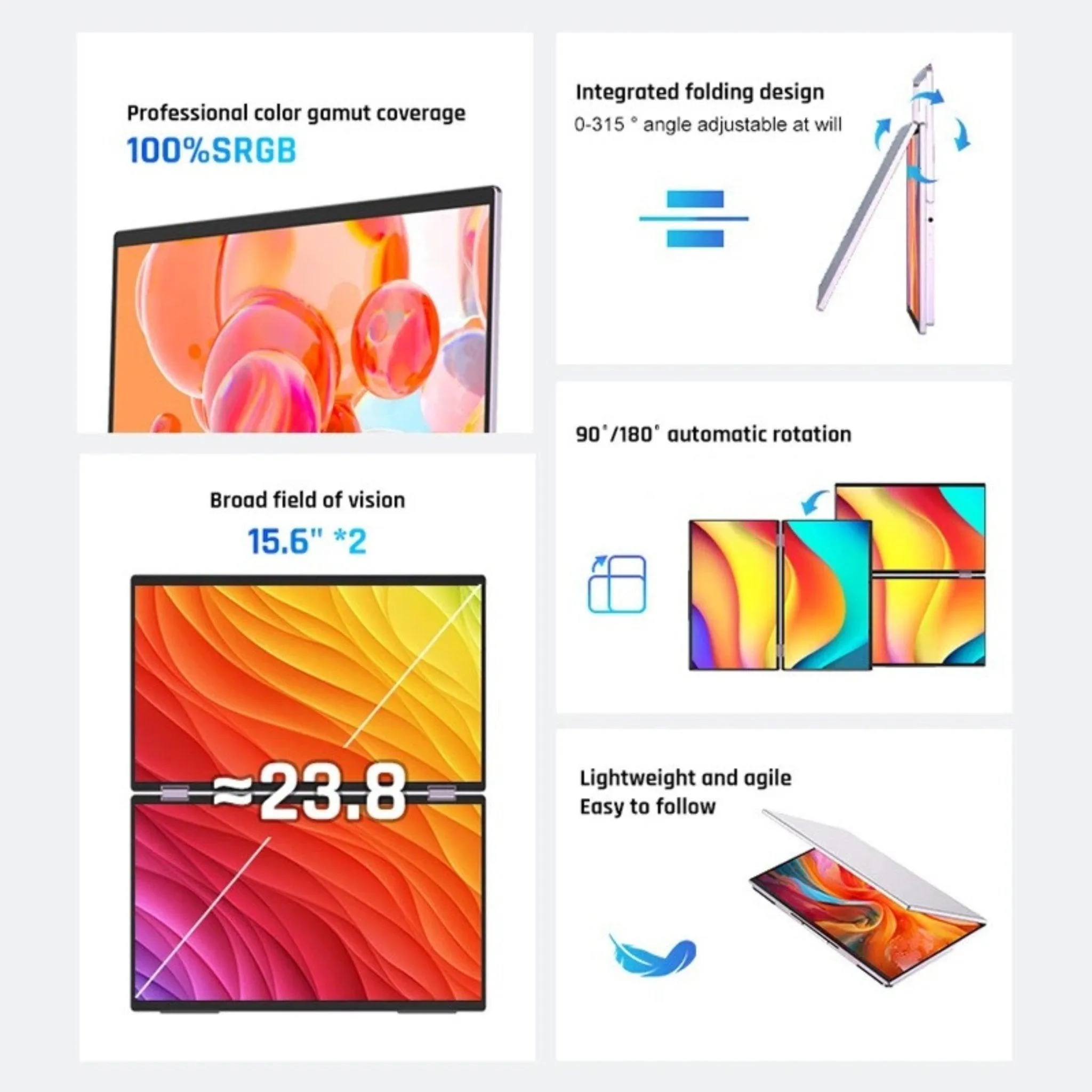 TUTT Wireless 15.6" FHD Portable Monitor (23.8" Dual) Folding Triple Screen Extender Plug and Play | All Devices | Technical Support Line