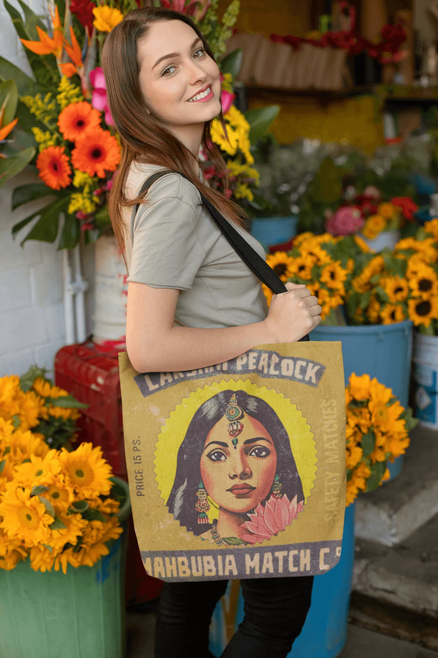 Vintage Indian Matchbox Art Tote Bag: Laxmi Peacock