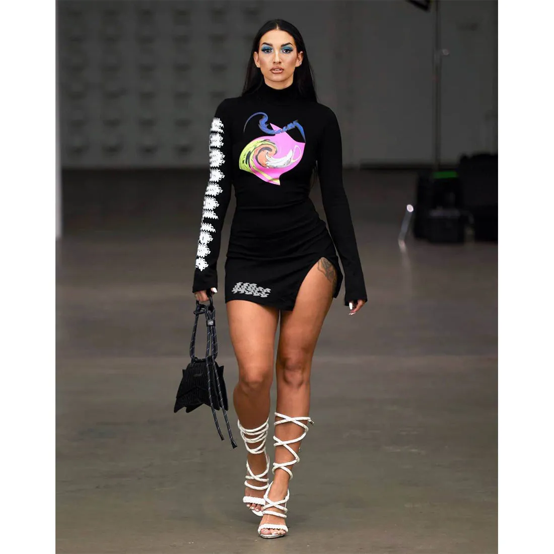 Women's Basic Model Nightclub Printed Letter High Neck Sexy Dress