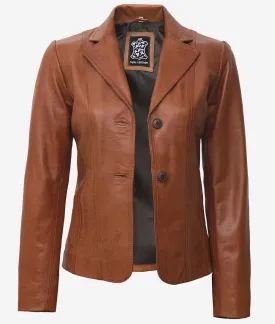 Womens Two Button Brown Leather Blazer