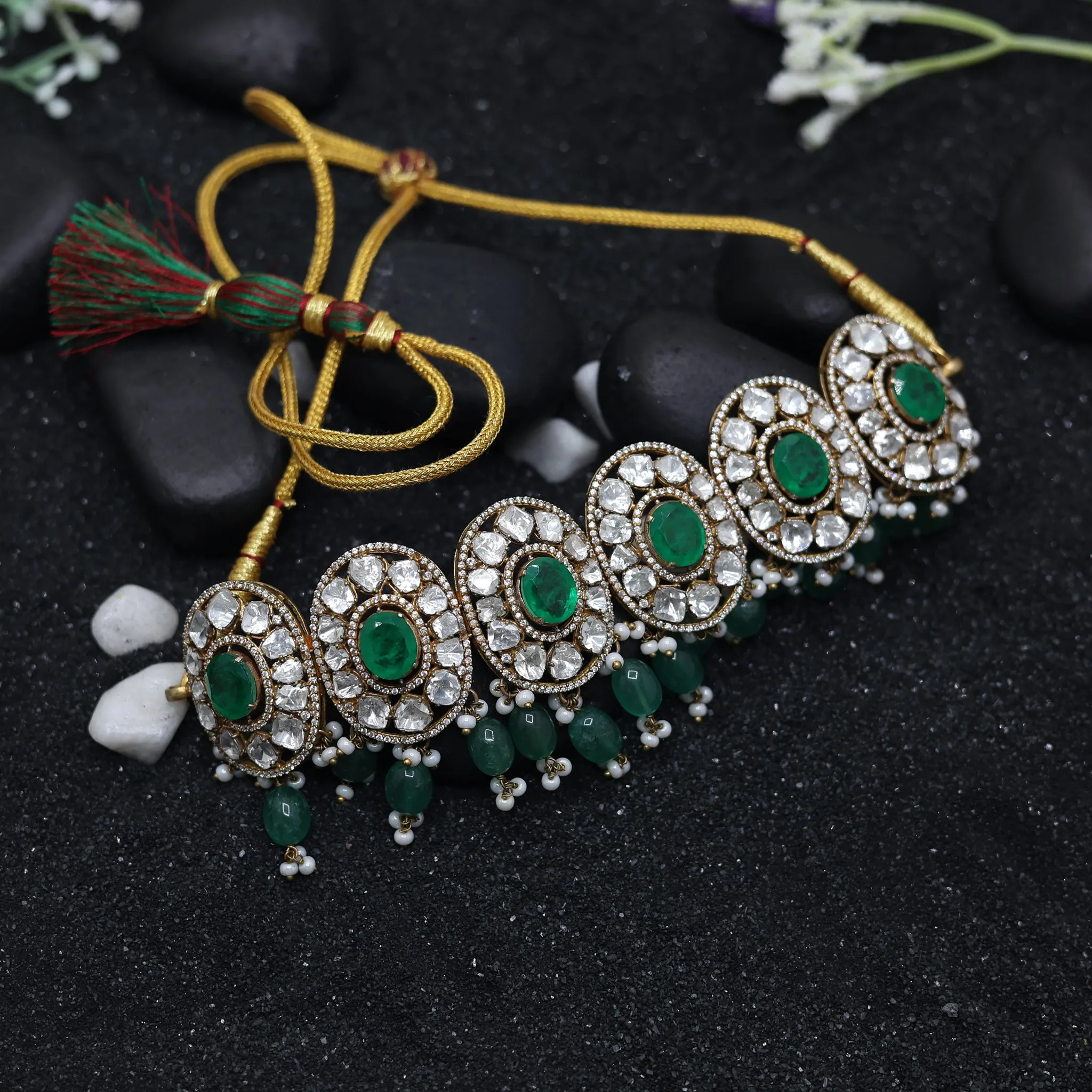 Yellow Gold Plated Green Stone Kundan Elegant Necklace For Women